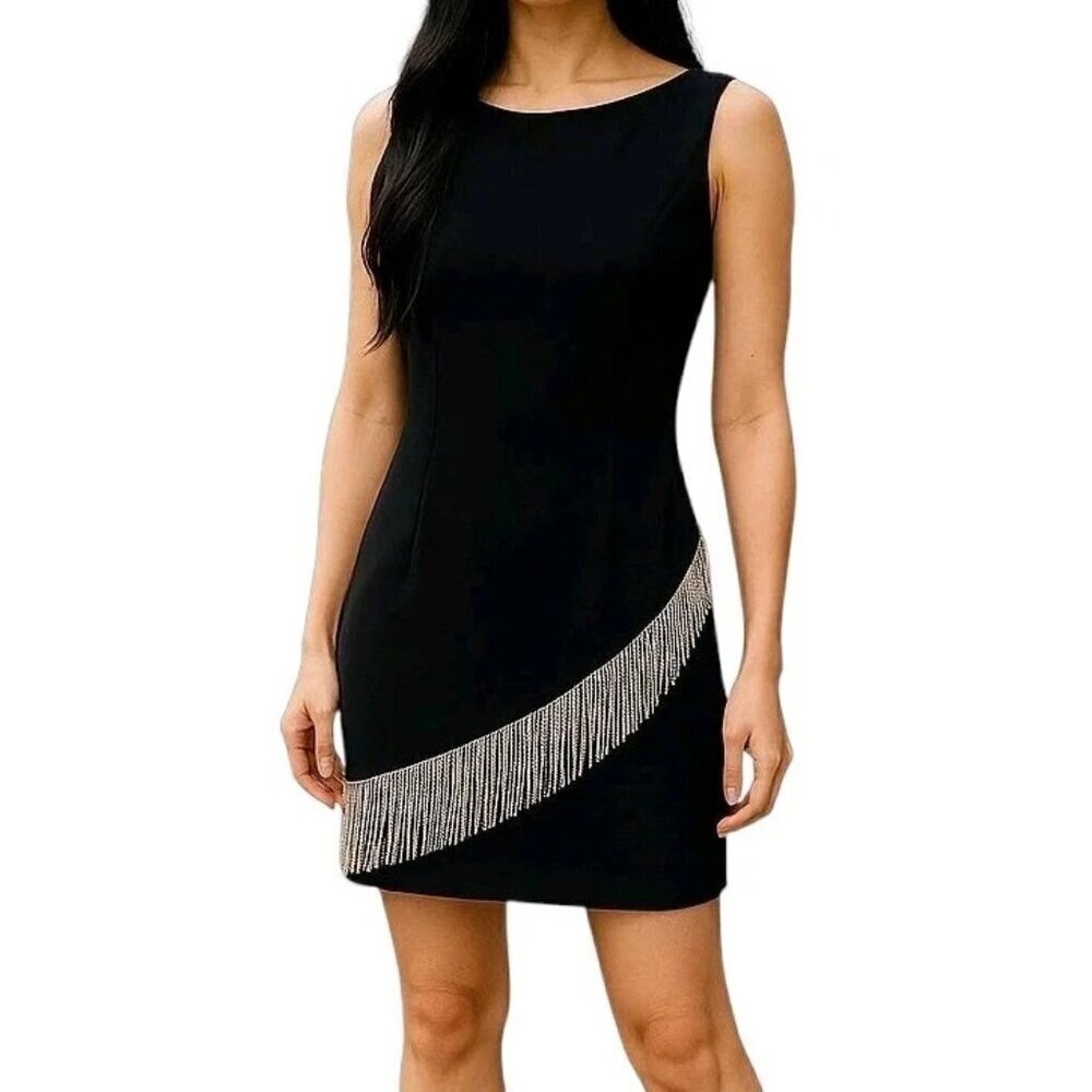 Eliza J A Line Dress Size 8 Rhinestone Fringe Boat Neckline Back V Black New